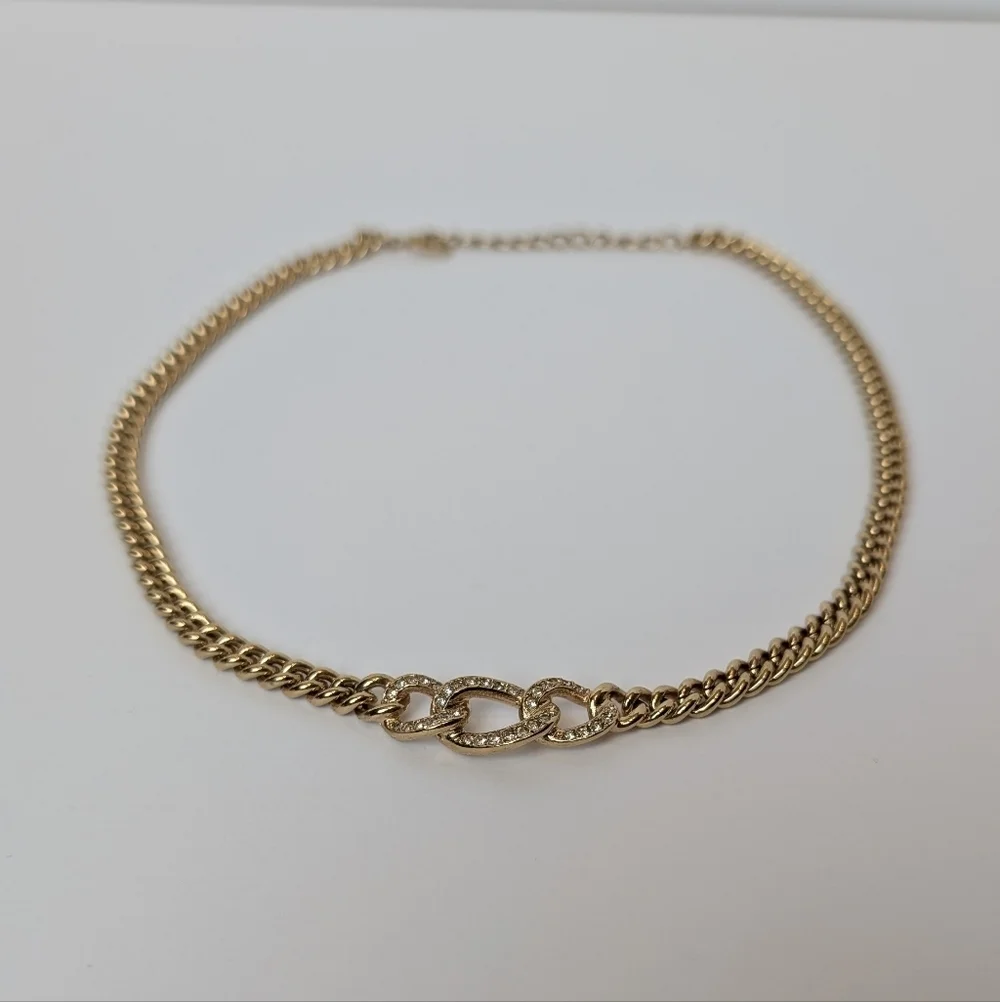 Dior Gold Tone Curb Chain Choker Necklace Pavé Crystal Links Y2K Authentic